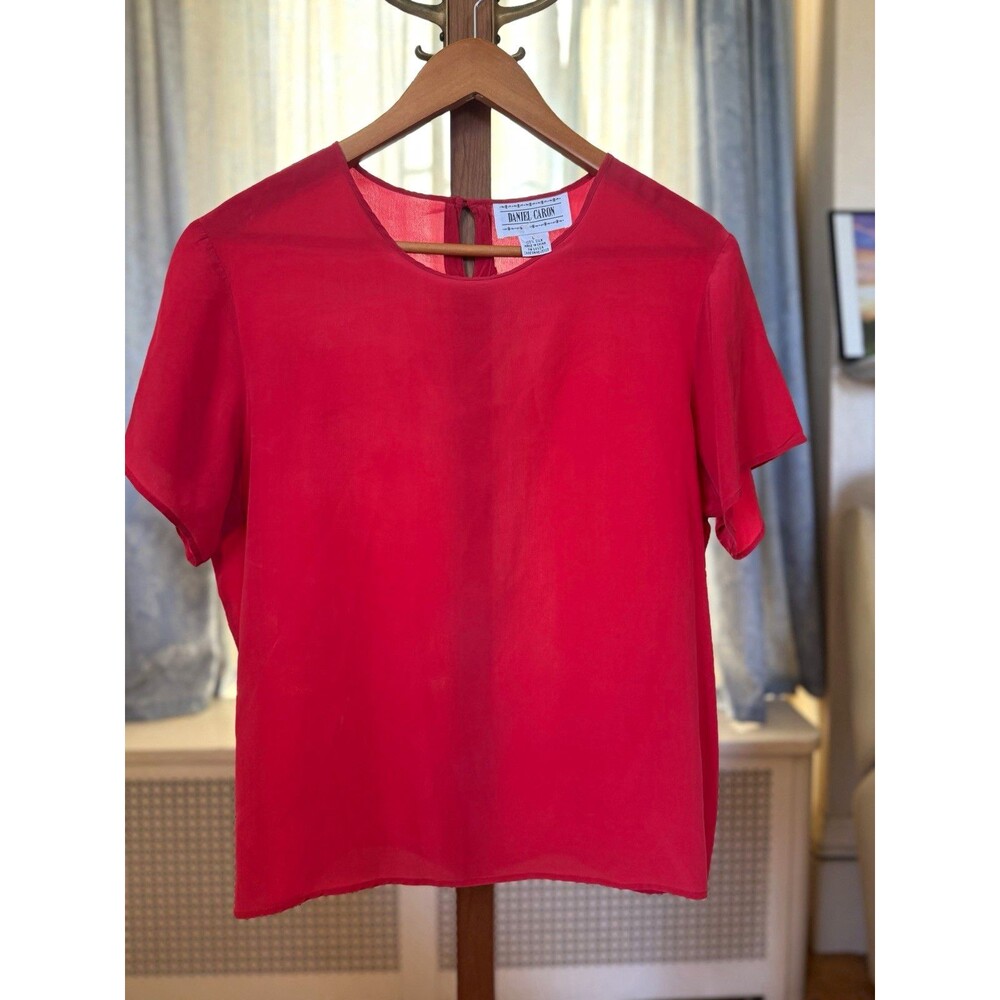 Daniel Caron Women's L Red Sheer Silk Chiffon Short Sleeve Blouse